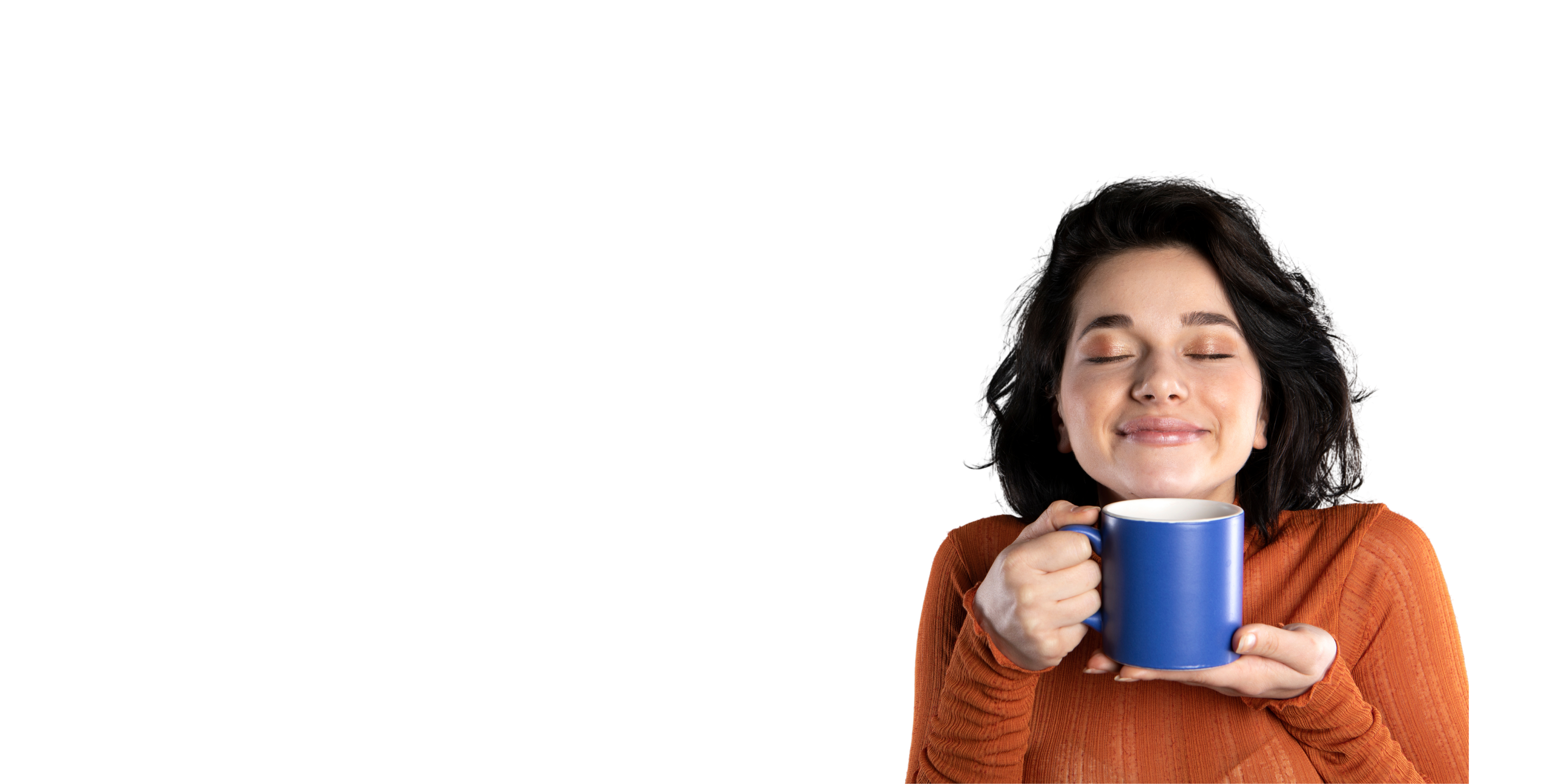 "A woman in an orange sweater enjoying a cup of coffee with a contented expression. The text beside her reads, 'Coffee like you won't believe.' followed by a button that says, 'Try Our Sample Packs.'"