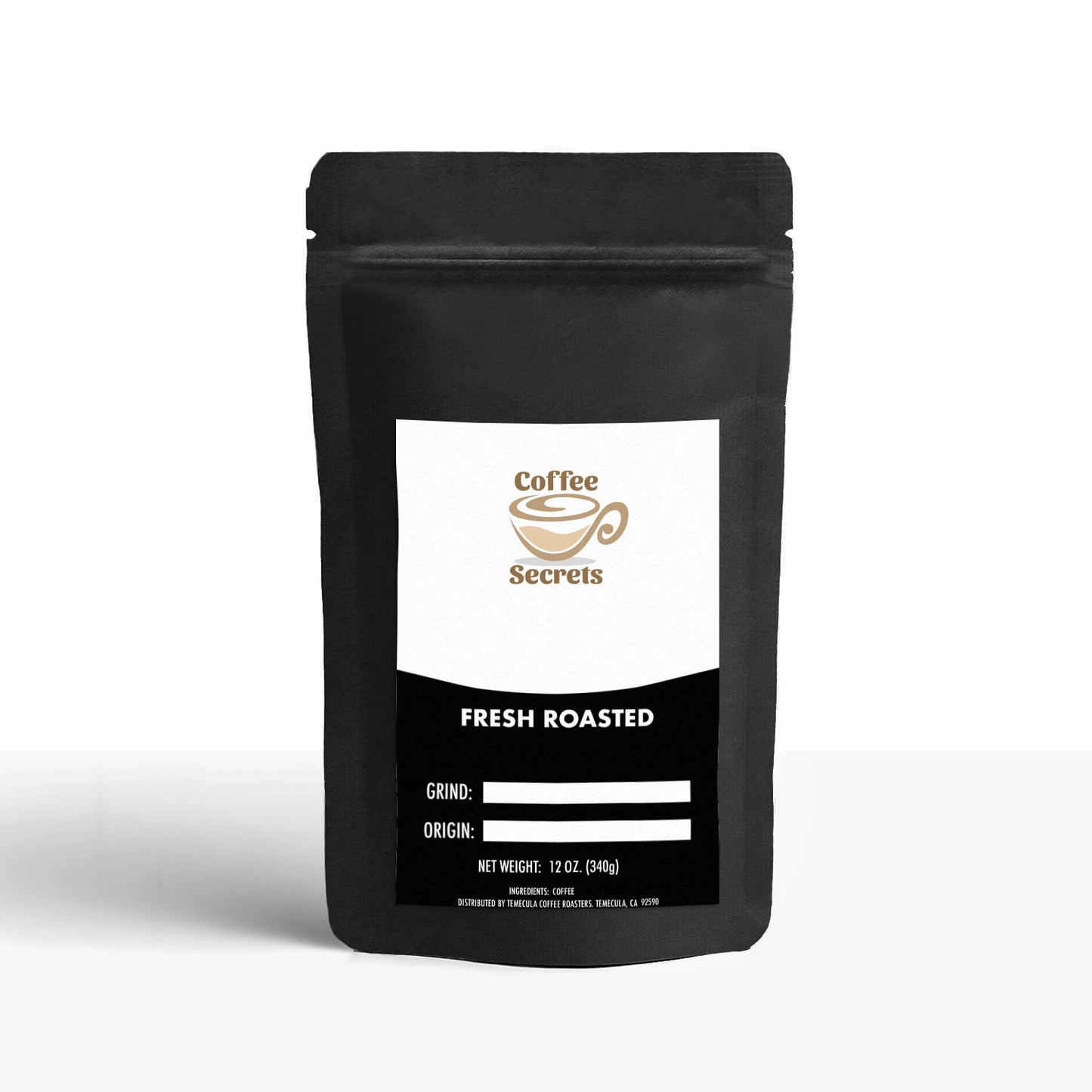 Coffee Secrets product packaging featuring a sleek black bag labeled 'Fresh Roasted', emphasizing the brand's commitment to delivering freshly roasted specialty coffee.