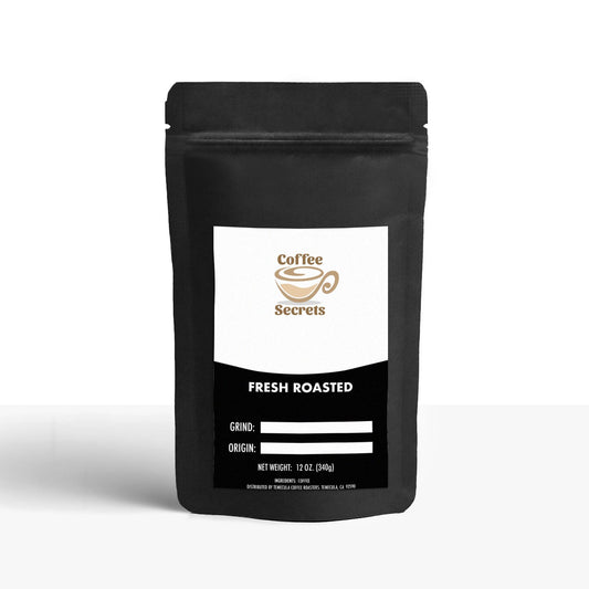 Coffee Secrets product packaging featuring a sleek black bag labeled 'Fresh Roasted', emphasizing the brand's commitment to delivering freshly roasted specialty coffee.